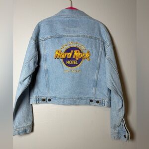 Vintage Hard Rock Cafe Las Vegas Blue Denim Jacket with Gold and Purple Logo